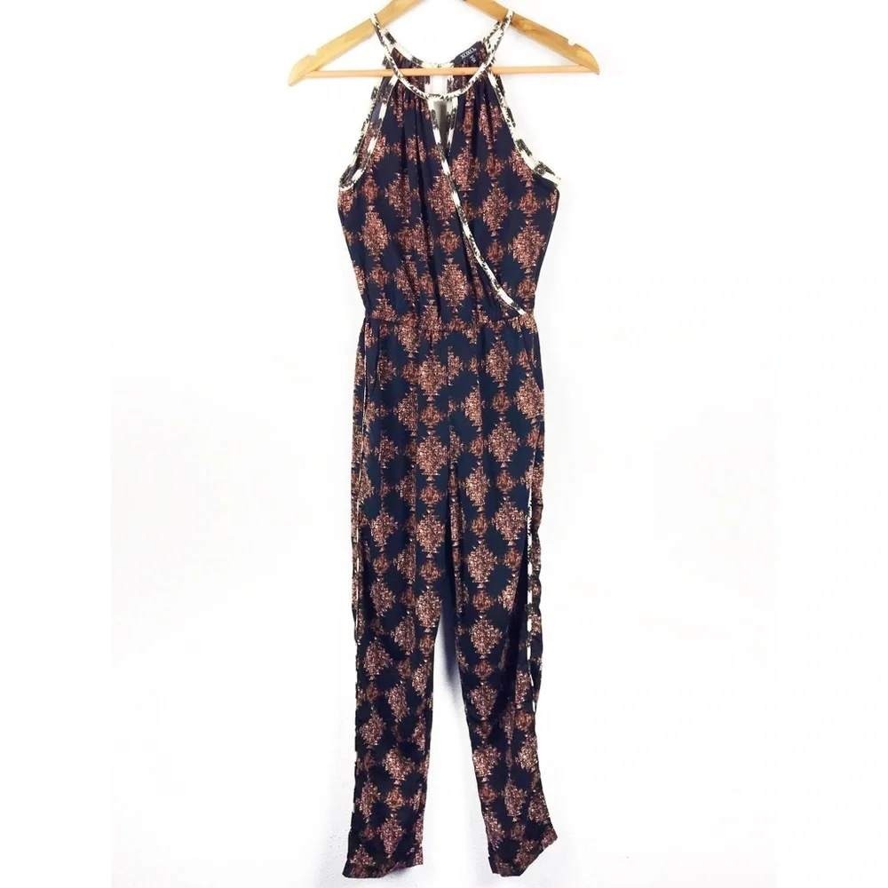 XOXO Tribal Print Jumpsuit Navy Copper Halter Neck Boho Size XS Women New